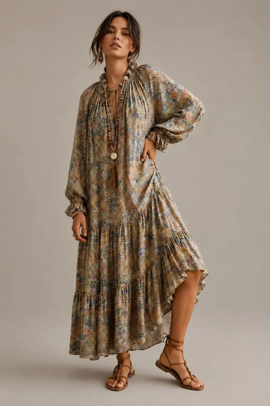 Free People Feeling Groovy Maxi Dress M Floral Tiered Ruffle Boho Festival
